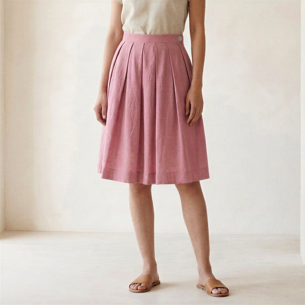 Pink Cotton Flax Pleated Knee-Length Skirt