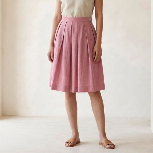 Pink Cotton Flax Pleated Knee-Length Skirt
