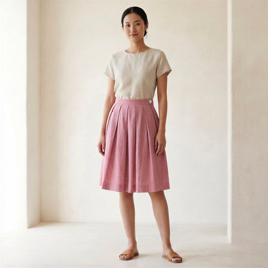 Pink Cotton Flax Pleated Knee-Length Skirt