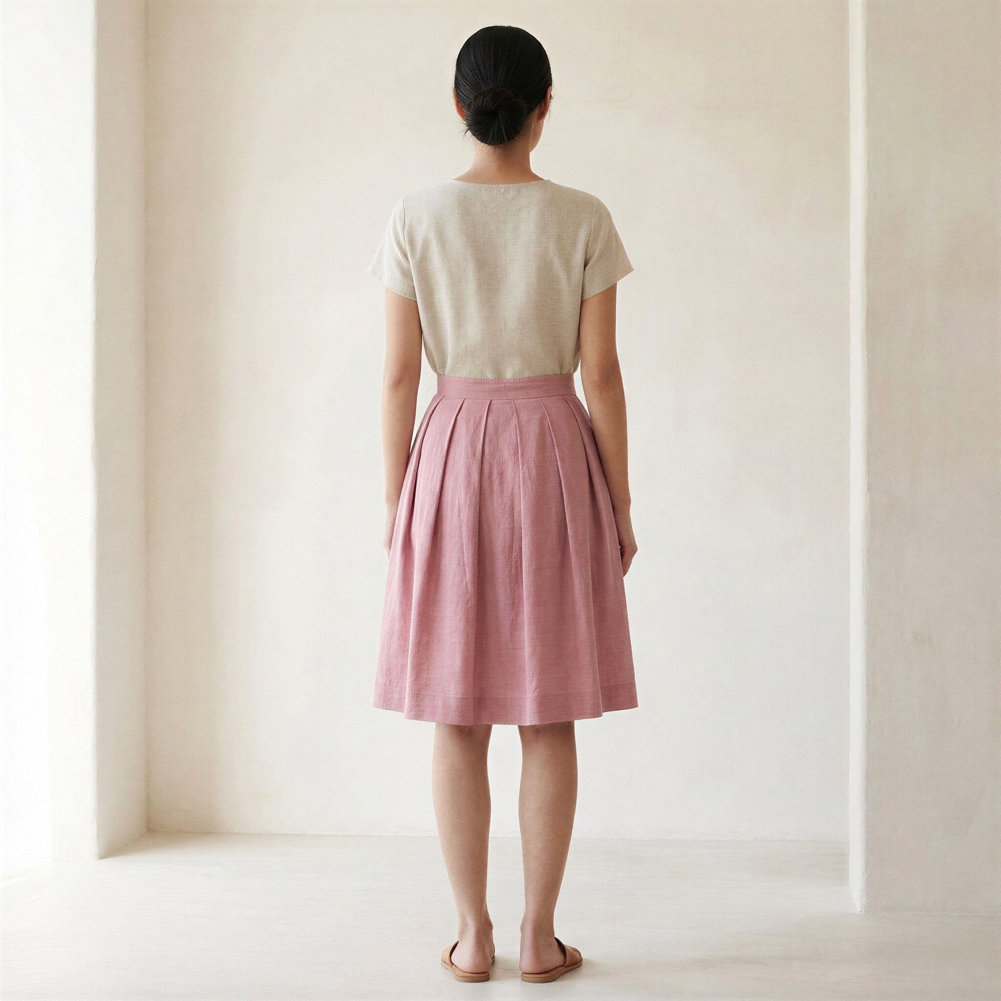 Pink Cotton Flax Pleated Knee-Length Skirt
