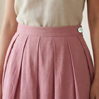 Pink Cotton Flax Pleated Knee-Length Skirt