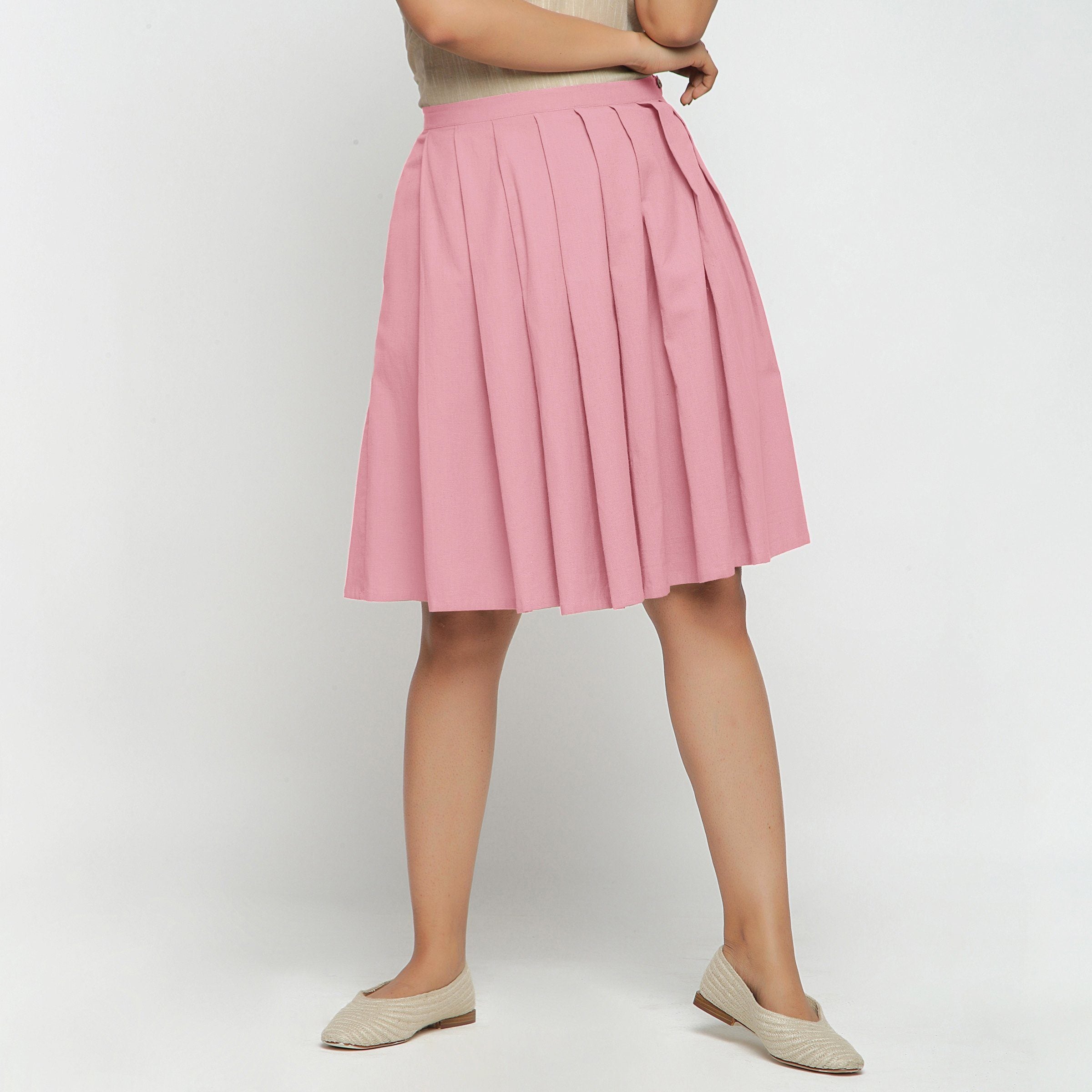 Front View of a Model wearing Pink Cotton Flax Pleated Skirt