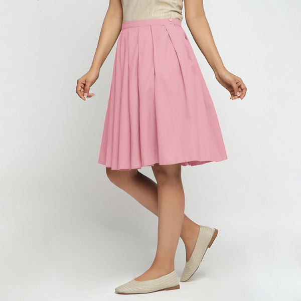 Left View of a Model wearing Pink Cotton Flax Pleated Skirt