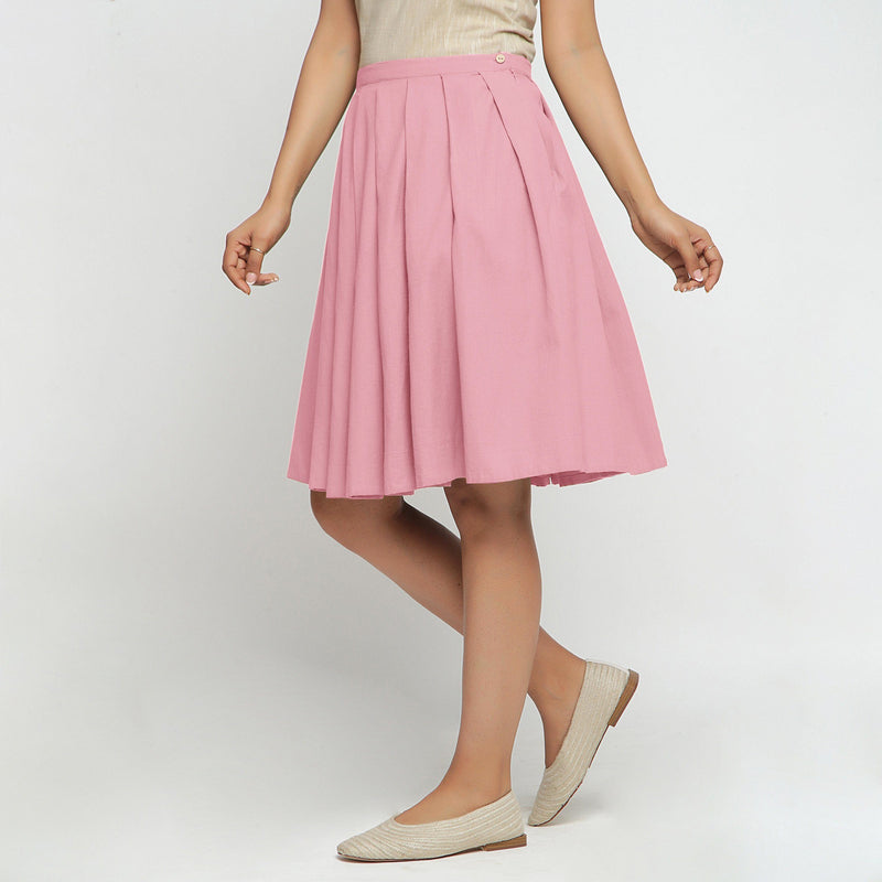 Left View of a Model wearing Pink Cotton Flax Pleated Skirt