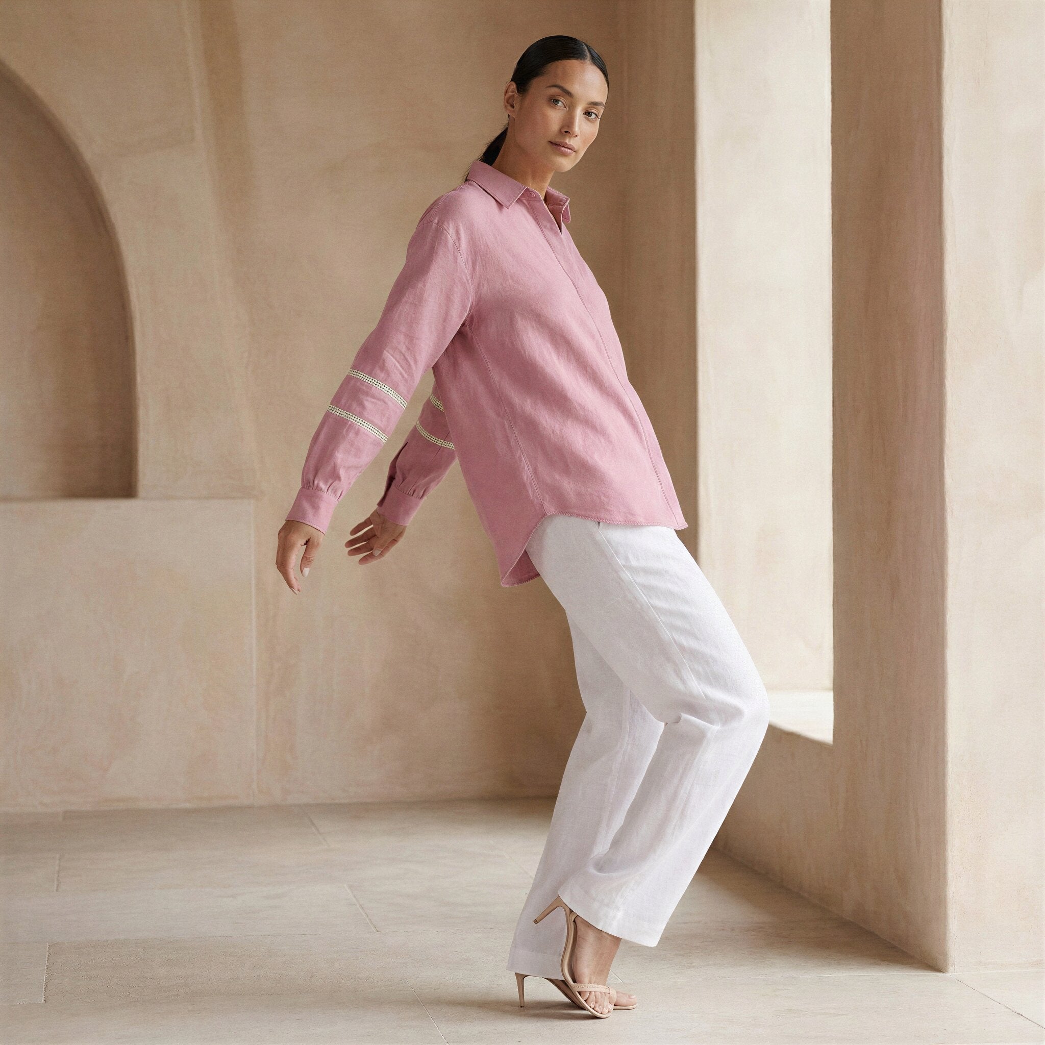 Pink Cotton Flax Relaxed Full Sleeve Button-Down Shirt