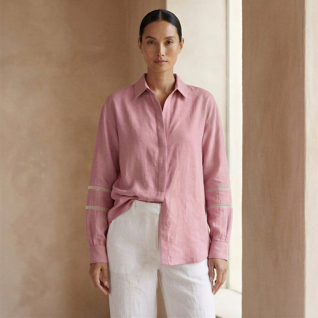 Pink Cotton Flax Relaxed Full Sleeve Button-Down Shirt