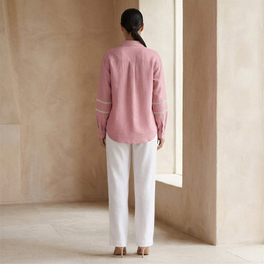 Pink Cotton Flax Relaxed Full Sleeve Button-Down Shirt