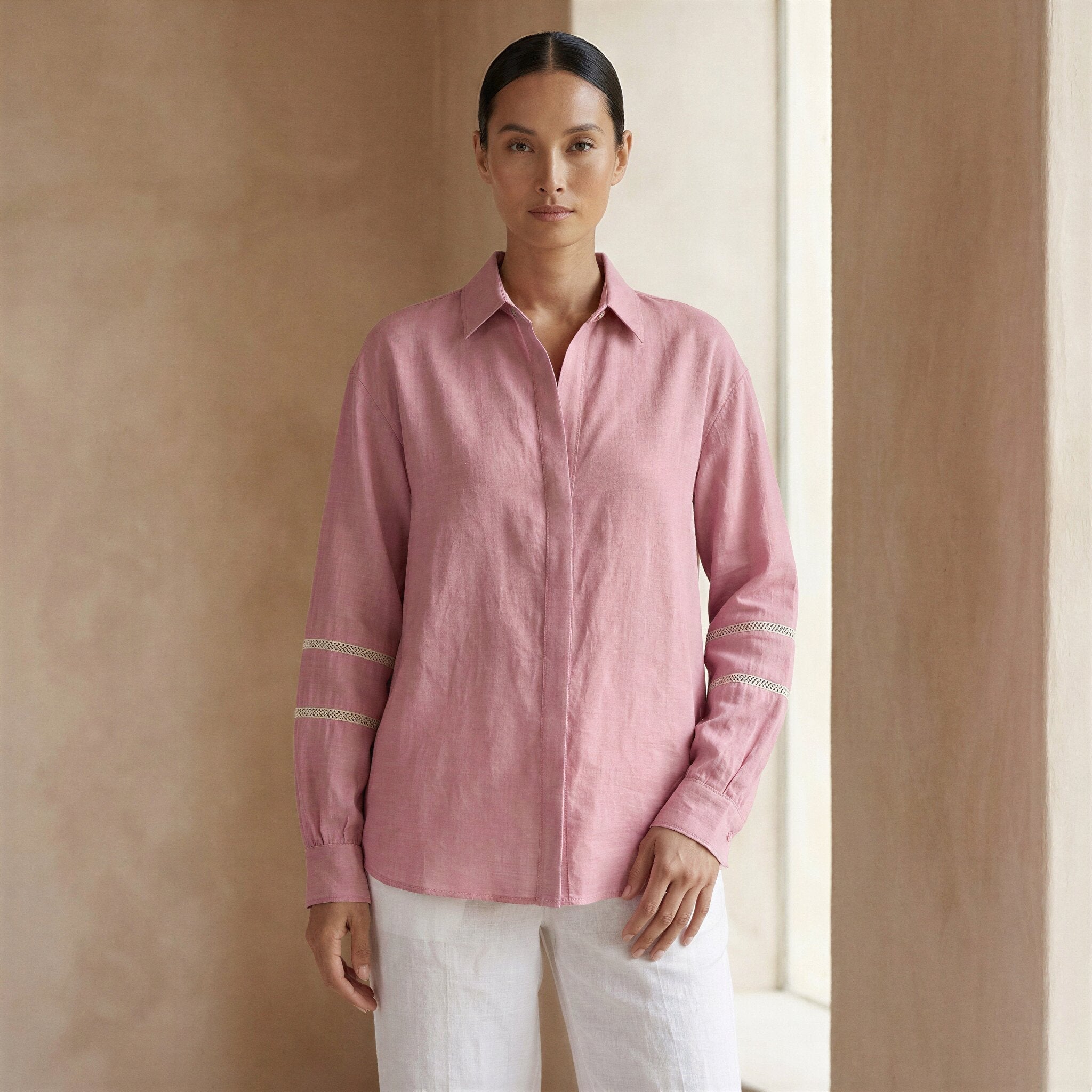Pink Cotton Flax Relaxed Full Sleeve Button-Down Shirt