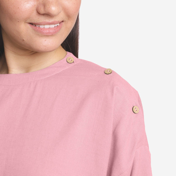 Front Detail of a Model wearing Pink Cotton Flax Round Neck A-Line Top