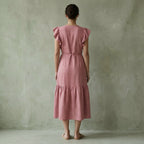 Pink Cotton Flax Ruffle Midi Wrap Dress