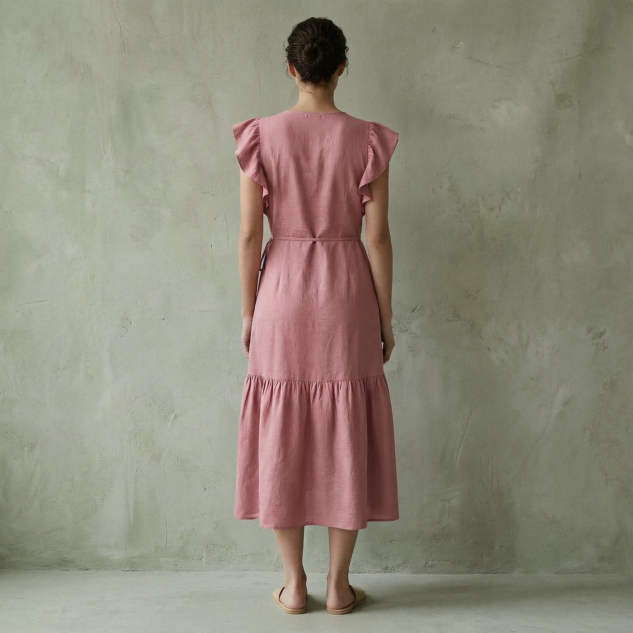 Pink Cotton Flax Ruffle Midi Wrap Dress