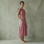 Pink Cotton Flax Ruffle Midi Wrap Dress