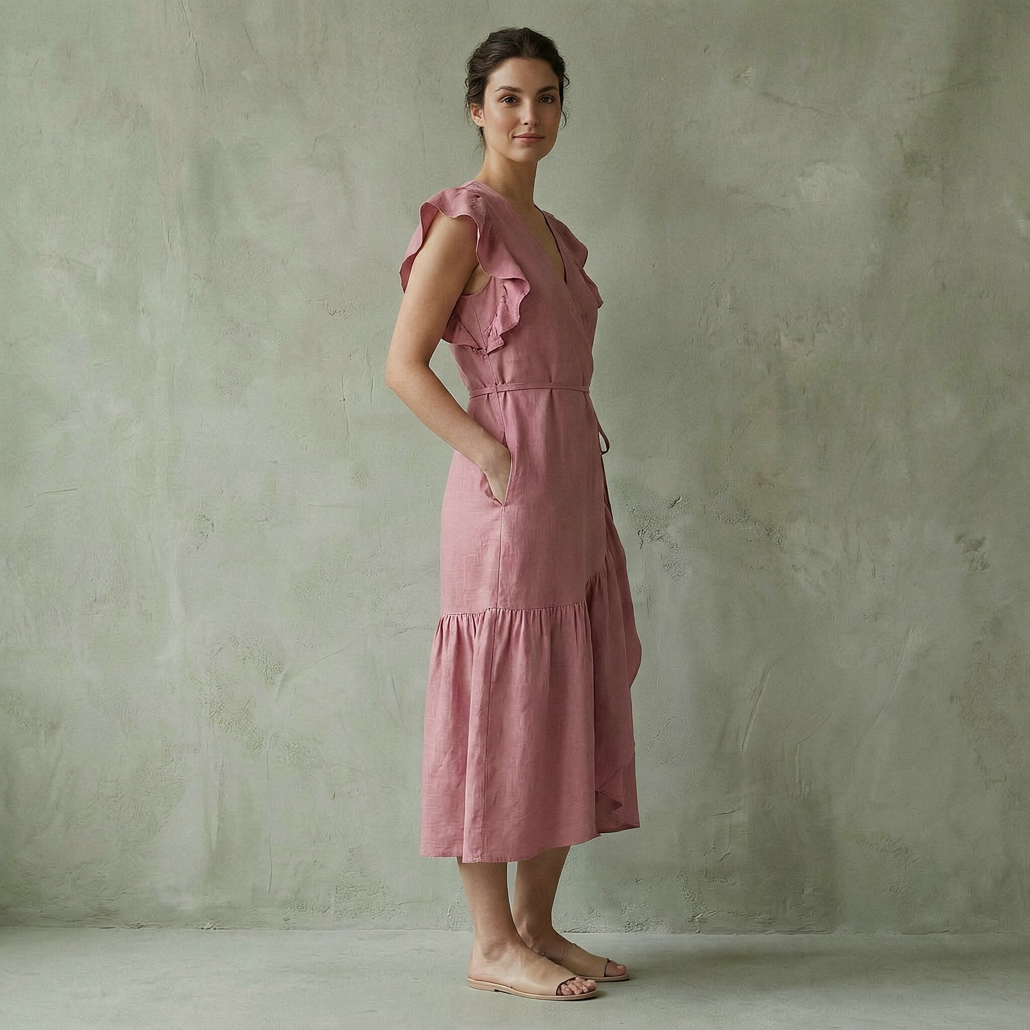 Pink Cotton Flax Ruffle Midi Wrap Dress