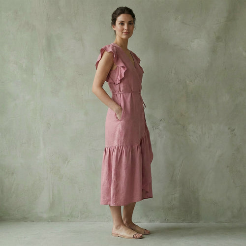 Pink Cotton Flax Ruffle Midi Wrap Dress