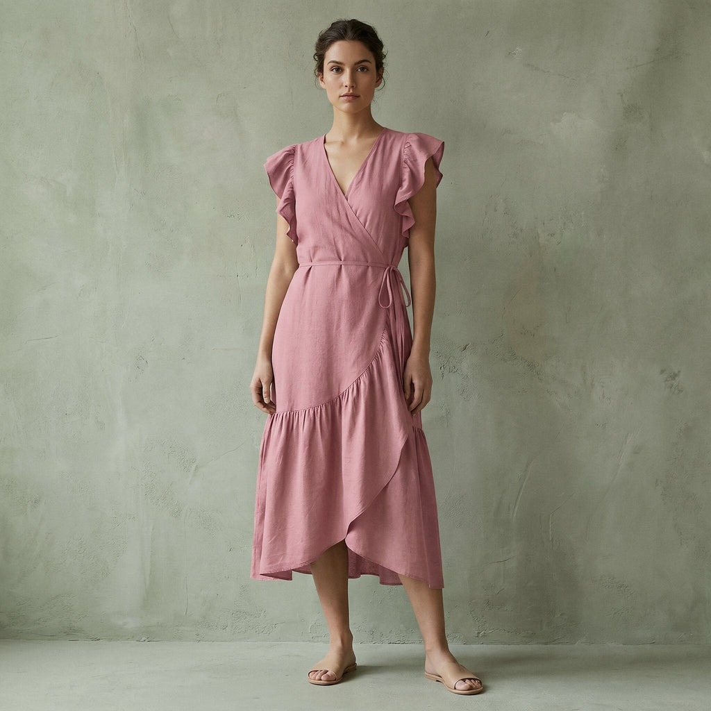 Pink Cotton Flax Ruffle Midi Wrap Dress