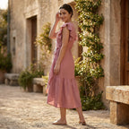 Pink Cotton Flax Ruffle Midi Wrap Dress