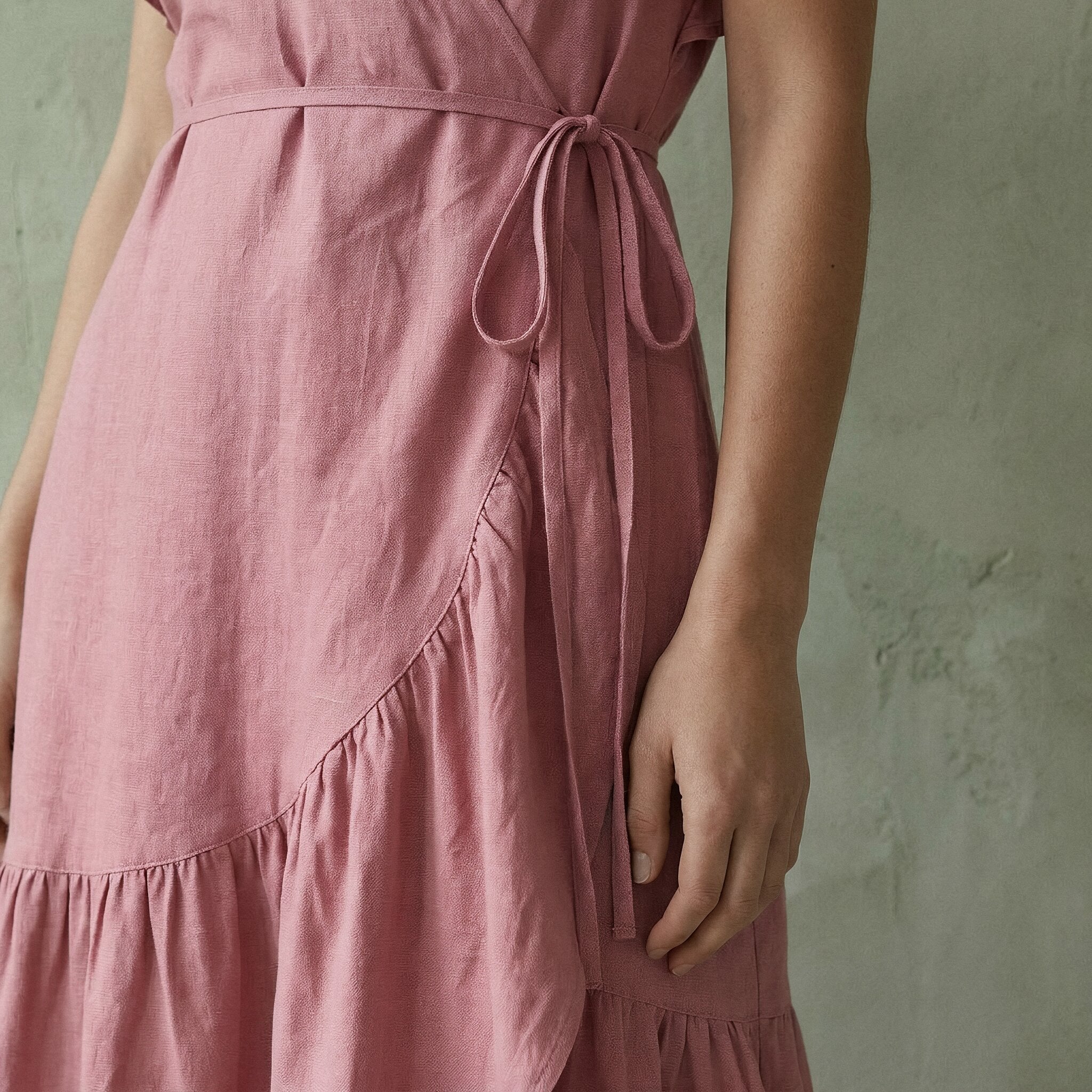 Pink Cotton Flax Ruffle Midi Wrap Dress