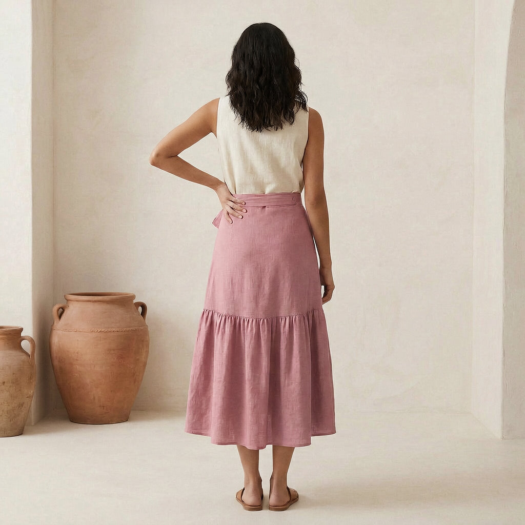Pink Cotton Flax Ruffle Midi Wrap Skirt