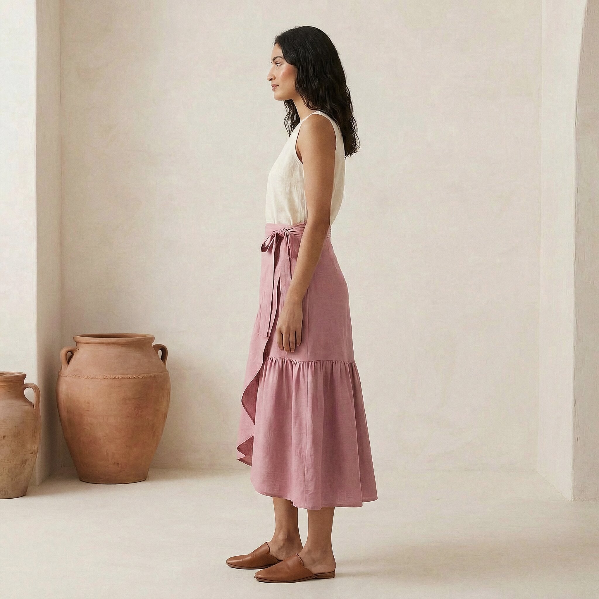 Pink Cotton Flax Ruffle Midi Wrap Skirt