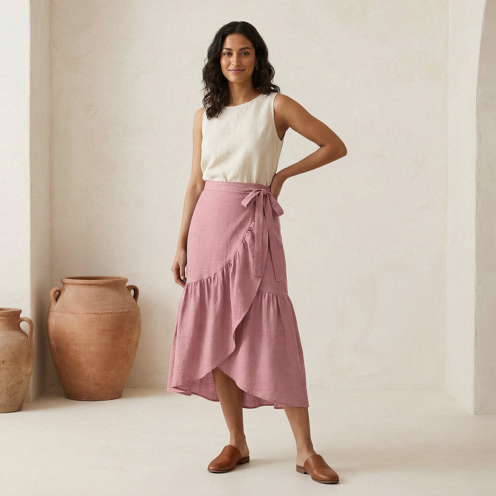 Pink Cotton Flax Ruffle Midi Wrap Skirt