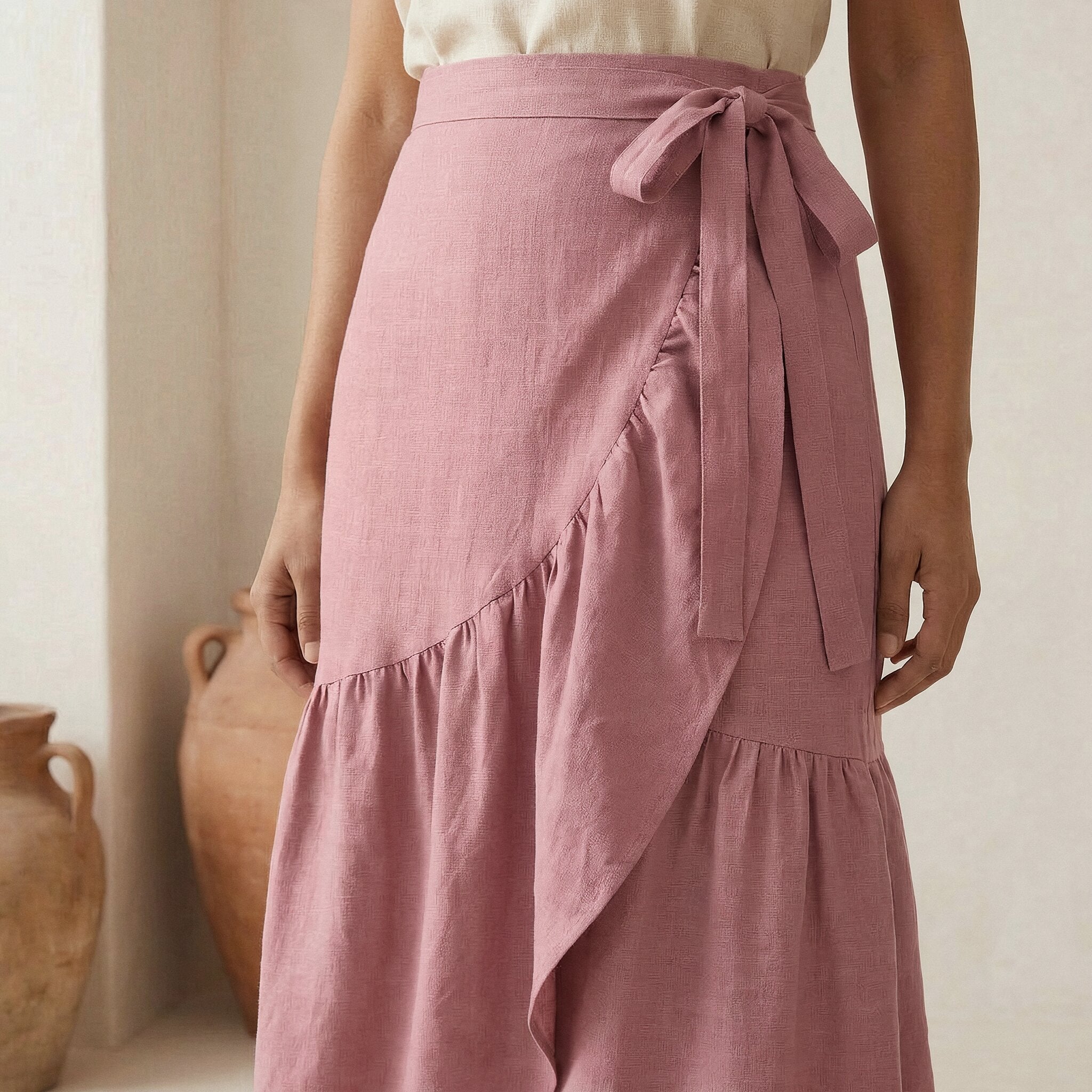 Pink Cotton Flax Ruffle Midi Wrap Skirt