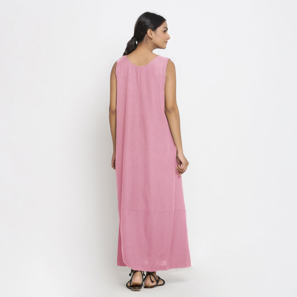 Pink Cotton Flax Scoop Neck Sleeveless Maxi Dress