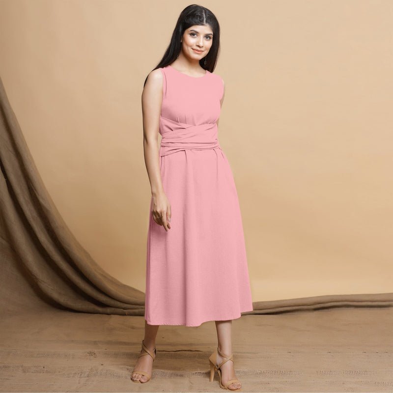 Pink Cotton Flax Sleeveless A-Line Midi Dress