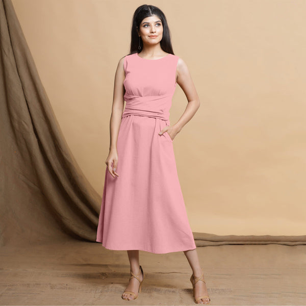 Pink Cotton Flax Sleeveless A-Line Midi Dress