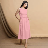 Pink Cotton Flax Sleeveless A-Line Midi Dress