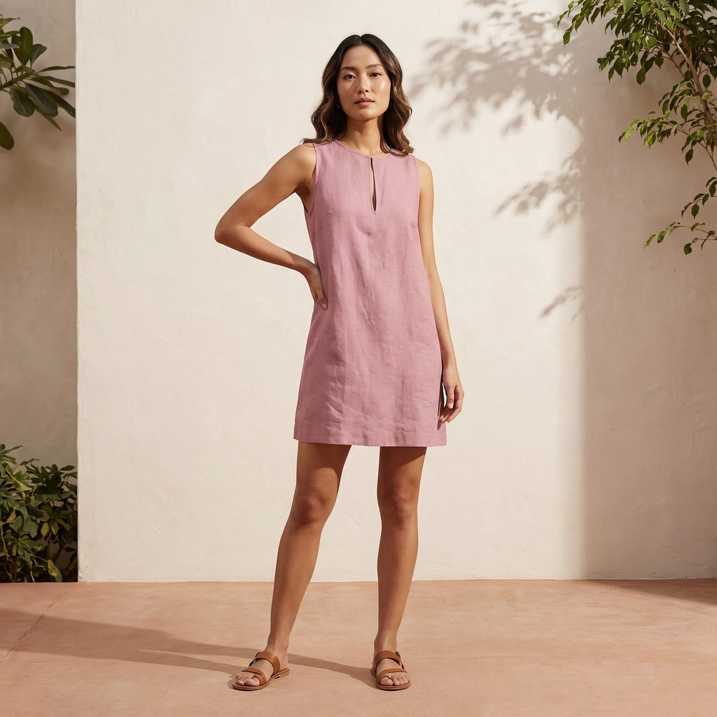 Pink Cotton Flax Sleeveless A-Line Short Shift Dress