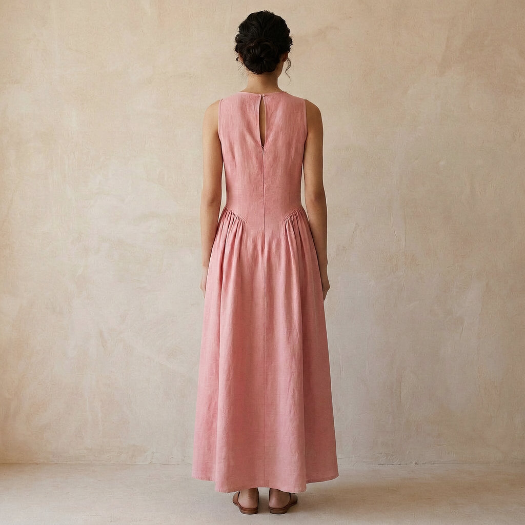 Pink Cotton Flax Sleeveless Paneled Maxi Dress