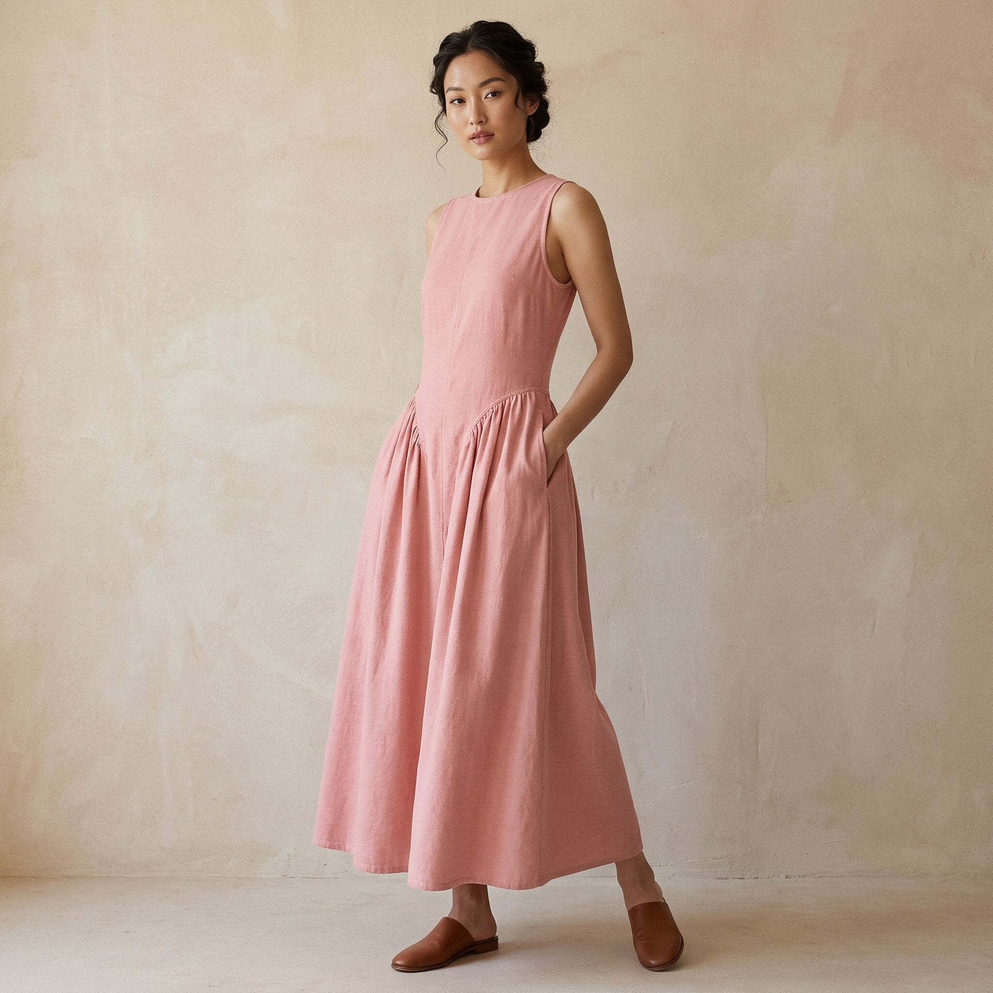 Pink Cotton Flax Sleeveless Paneled Maxi Dress