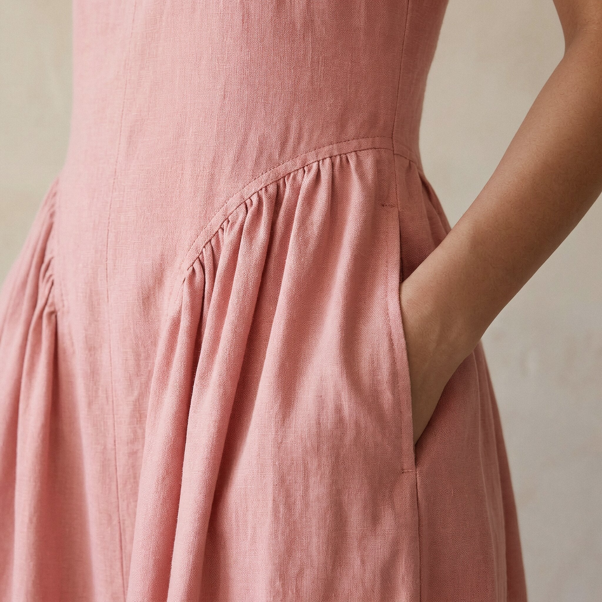 Pink Cotton Flax Sleeveless Paneled Maxi Dress