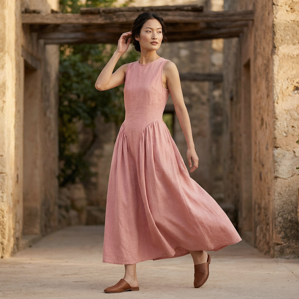 Pink Cotton Flax Sleeveless Paneled Maxi Dress
