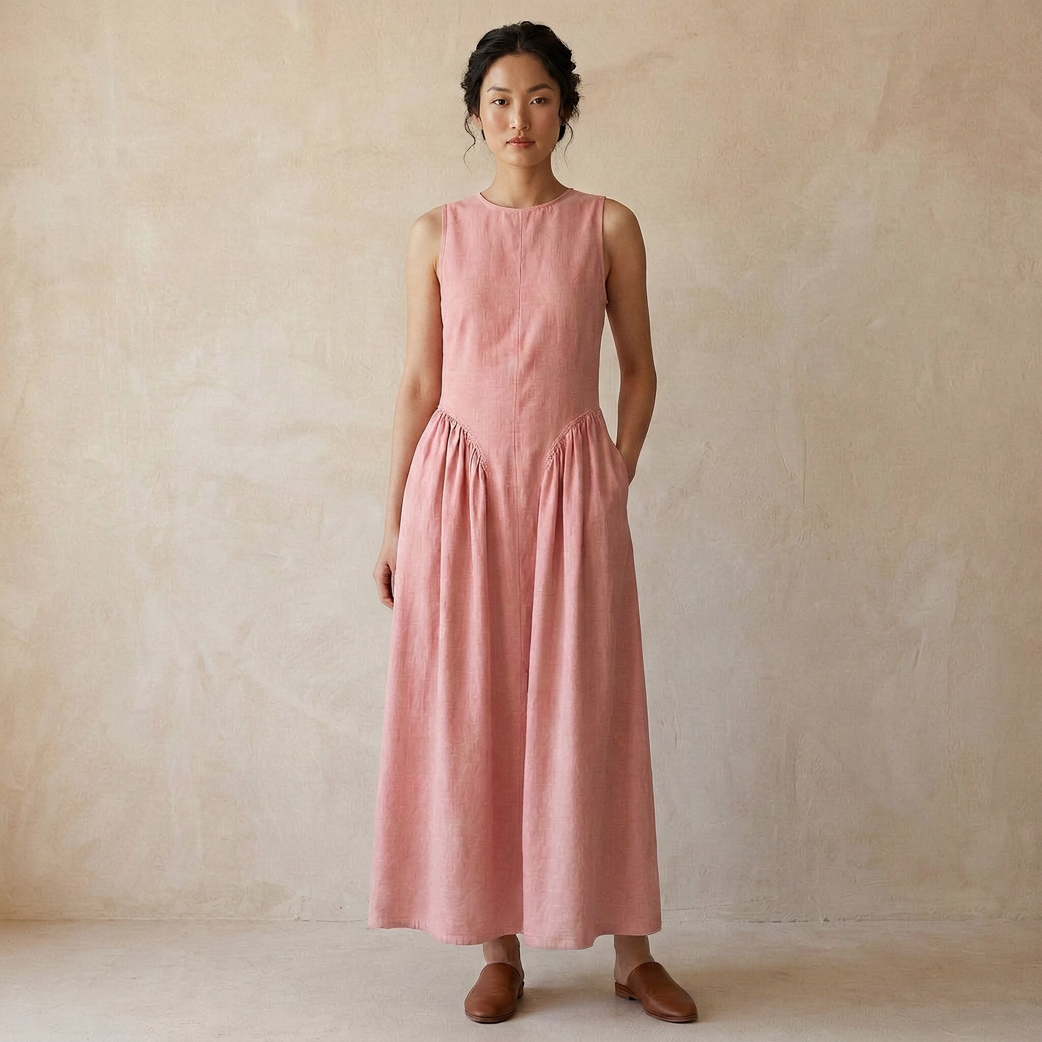 Pink Cotton Flax Sleeveless Paneled Maxi Dress