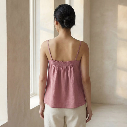 Pink Cotton Flax Spaghetti Strap Top with Elastic Gathered Back