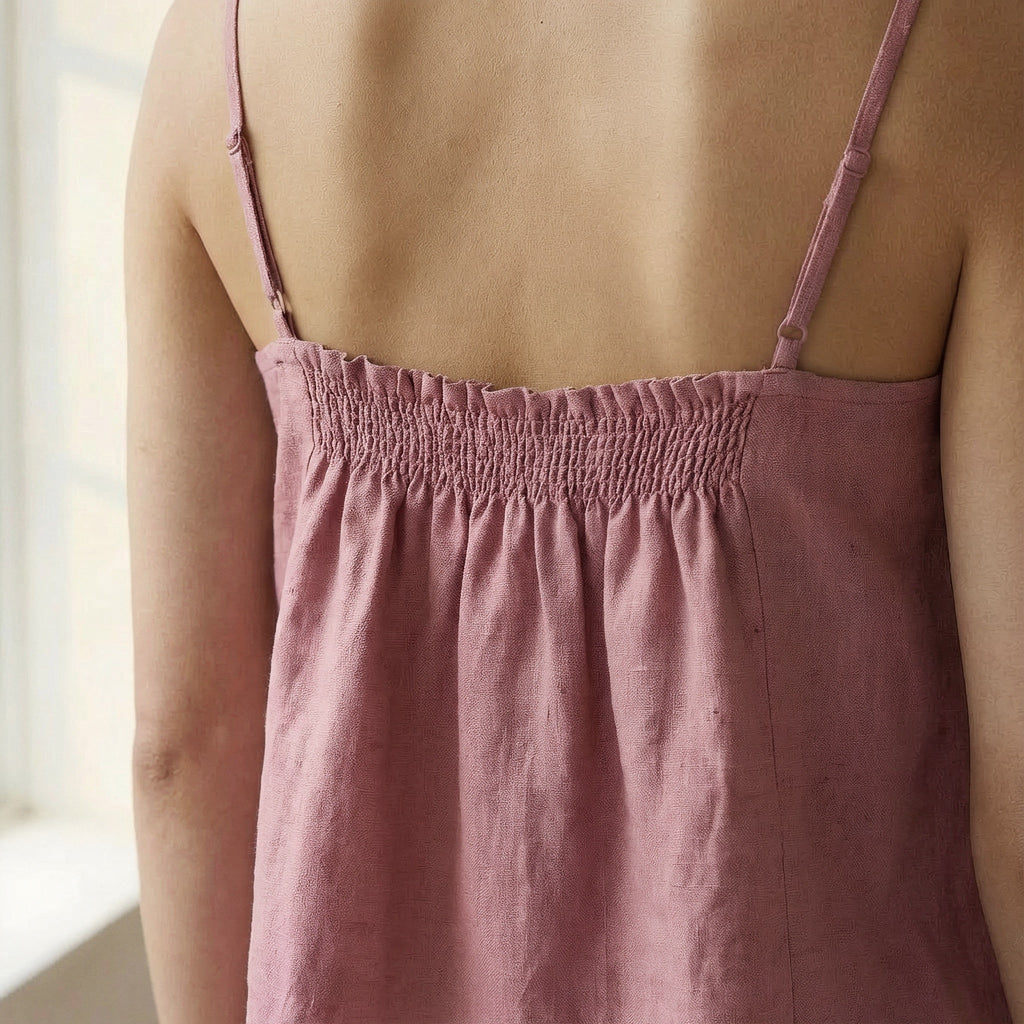 Pink Cotton Flax Spaghetti Strap Top with Elastic Gathered Back