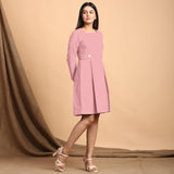 Pink Cotton Flax Square Neck Pleated Short Dress