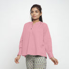 Front View of a Model wearing Pink Cotton Flax Straight Yoked Top