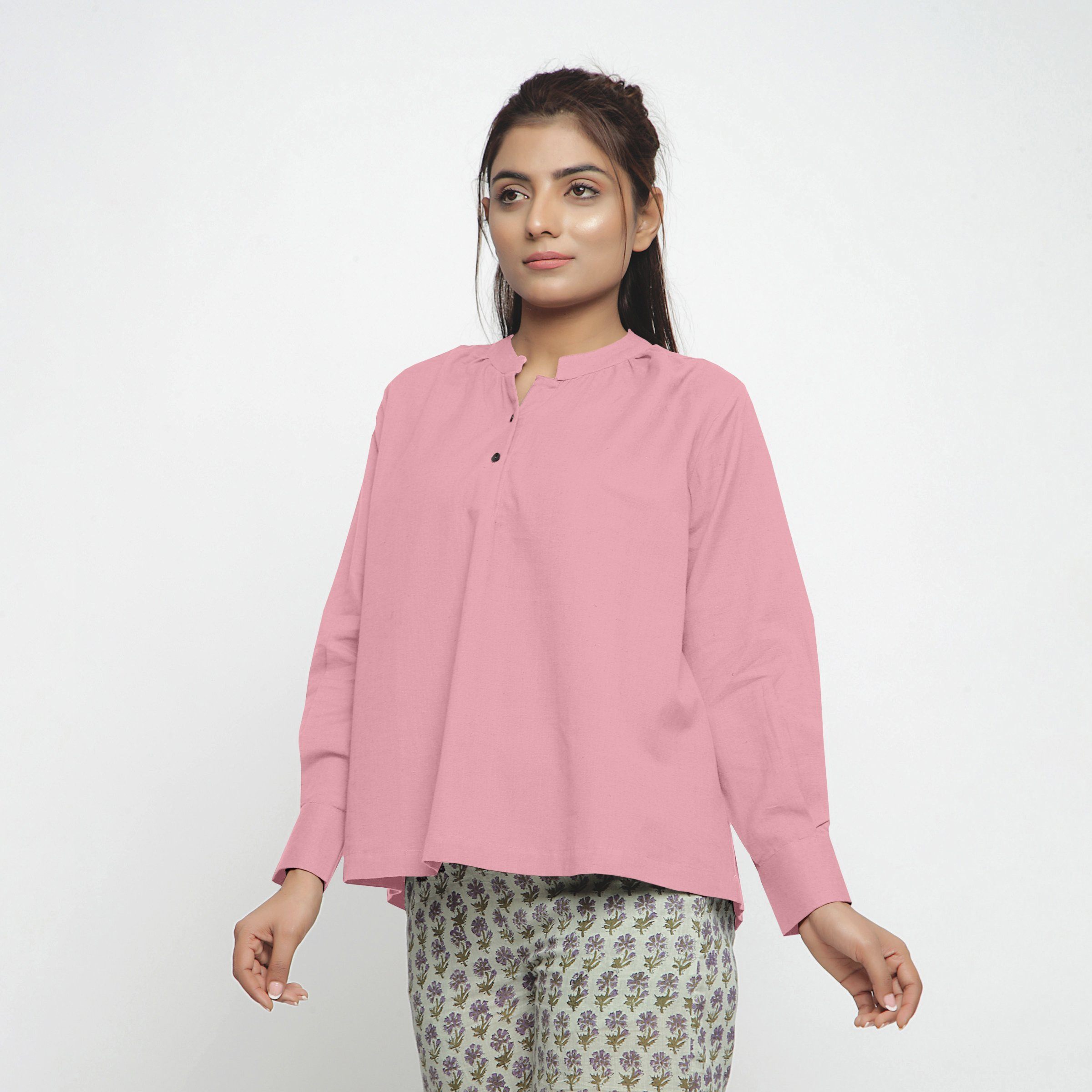 Front View of a Model wearing Pink Cotton Flax Straight Yoked Top