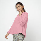 Left View of a Model wearing Pink Cotton Flax Straight Yoked Top