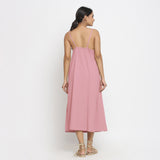 Back View of a Model wearing Pink Cotton Flax Strap Sleeve A-Line Dress