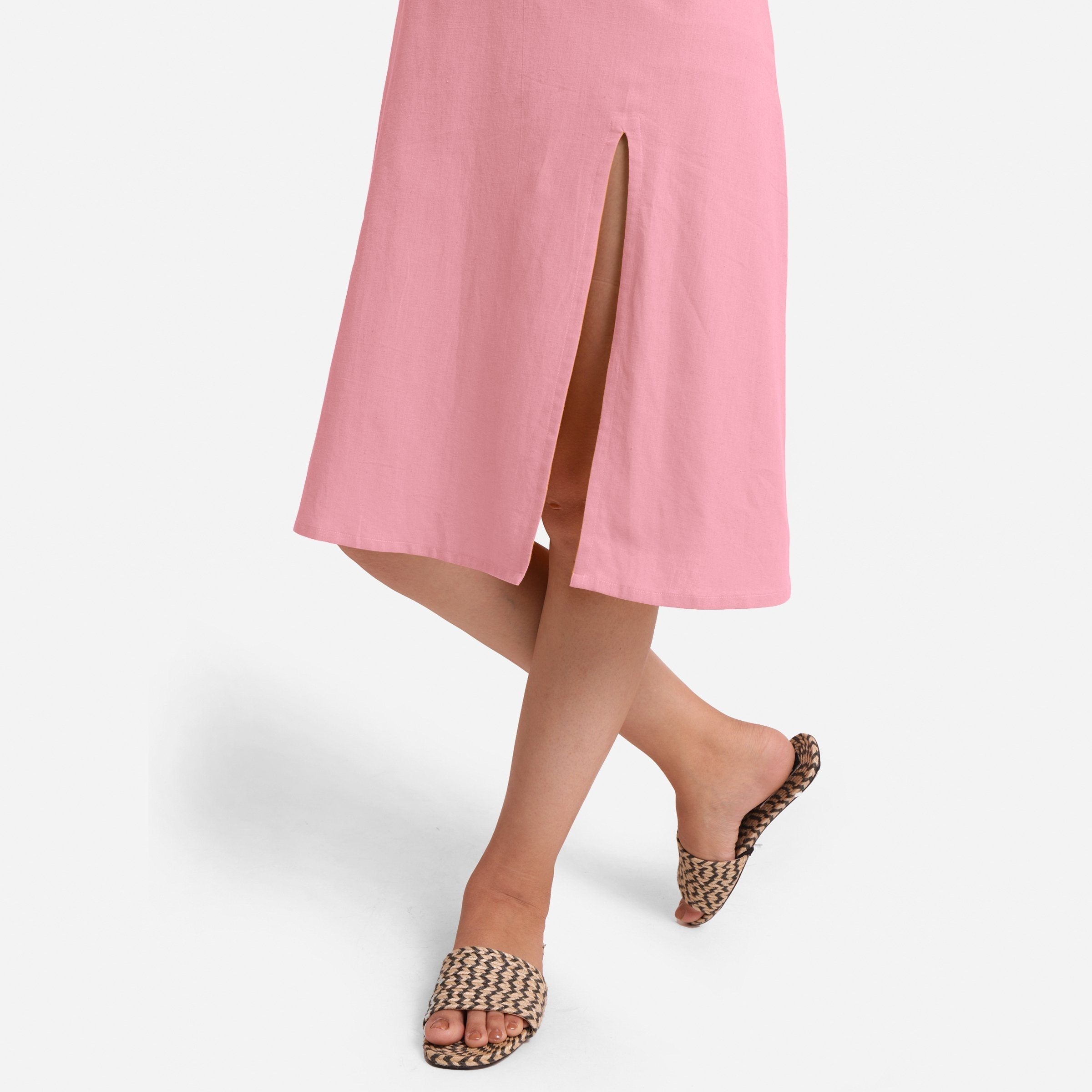 Front View of a Model wearing Pink Cotton Flax Strappy Slit Dress