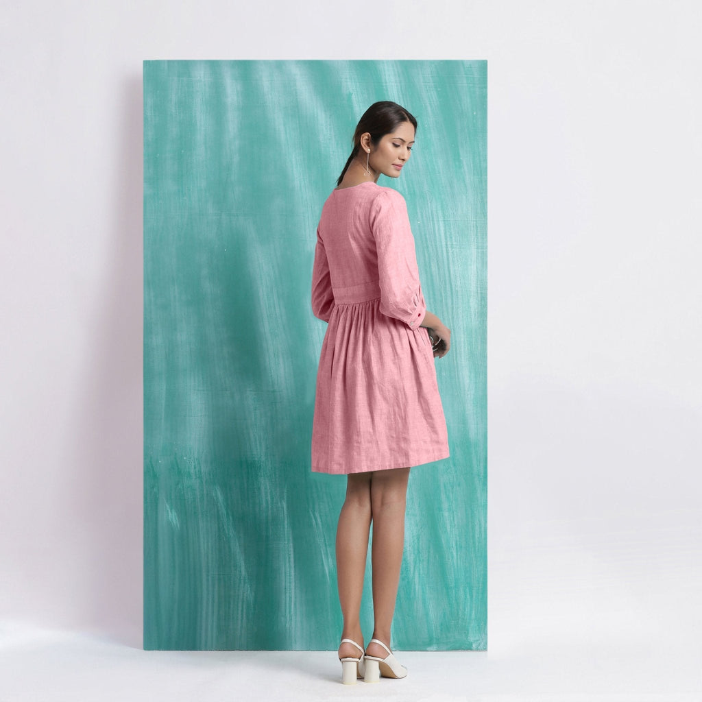 Pink Cotton Flax V-Neck Gathered Short Dress
