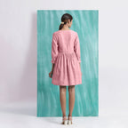 Pink Cotton Flax V-Neck Gathered Short Dress