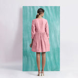 Pink Cotton Flax V-Neck Gathered Short Dress