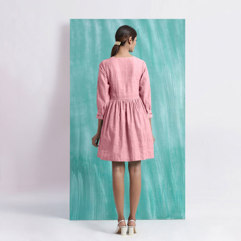 Pink Cotton Flax V-Neck Gathered Short Dress