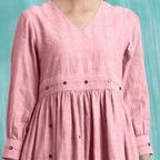 Pink Cotton Flax V-Neck Gathered Short Dress