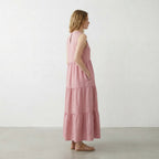 Pink Cotton Flax V-Neck Maxi Tier Dress
