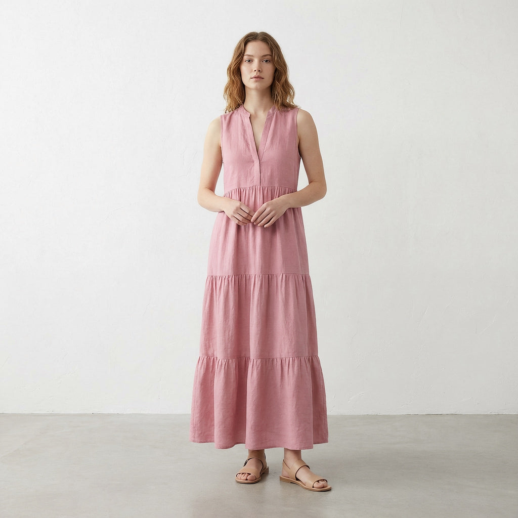Pink Cotton Flax V-Neck Maxi Tier Dress